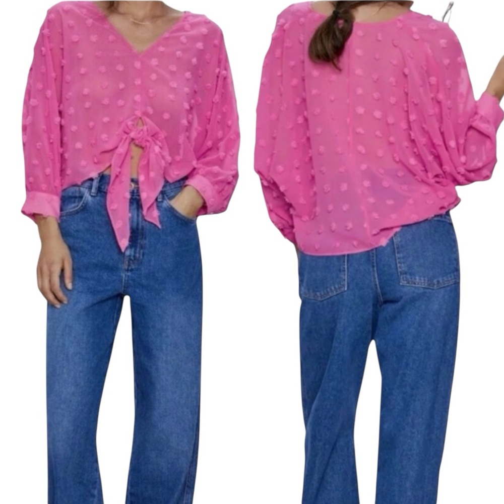 New Zara Pink Sheer Textured Tie Front Blouse Beachy Boardwalk Blogger Fav Boat